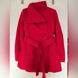 Red Wool Blend Belted Coat
